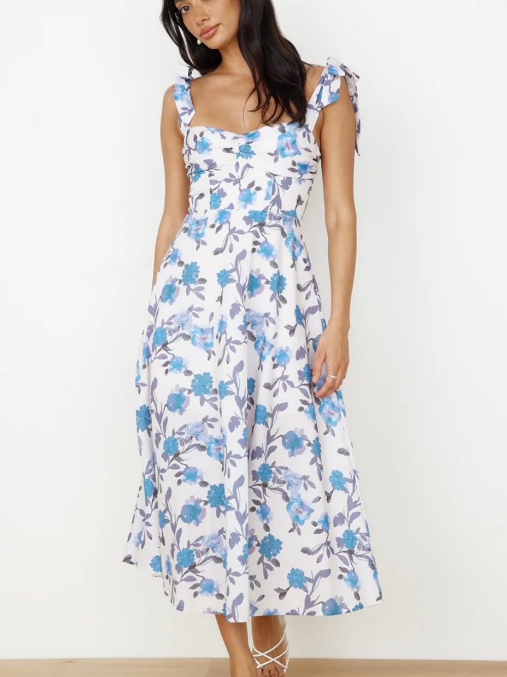 Selfie Leslie White Midi Dress with Blue Floral Print